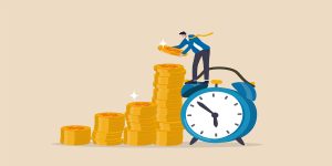 Long term investing or savings for retirement fund, compound interest or investment growth, tax time reminder concept, businessman on alarm clock put more dollar coin money to increase his savings.